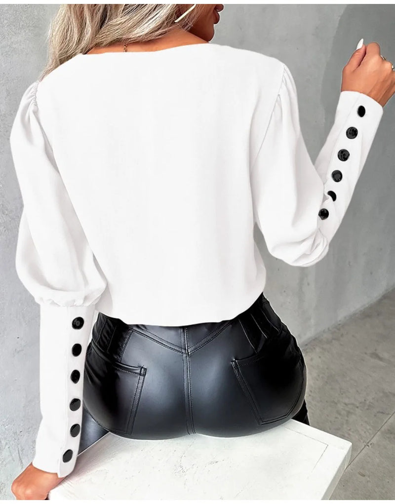 Fashion White Blouse Women 2024 Long Sleeve V Neck Casual Pullover Elegant Office Lady Pink Tops Shirts Femme