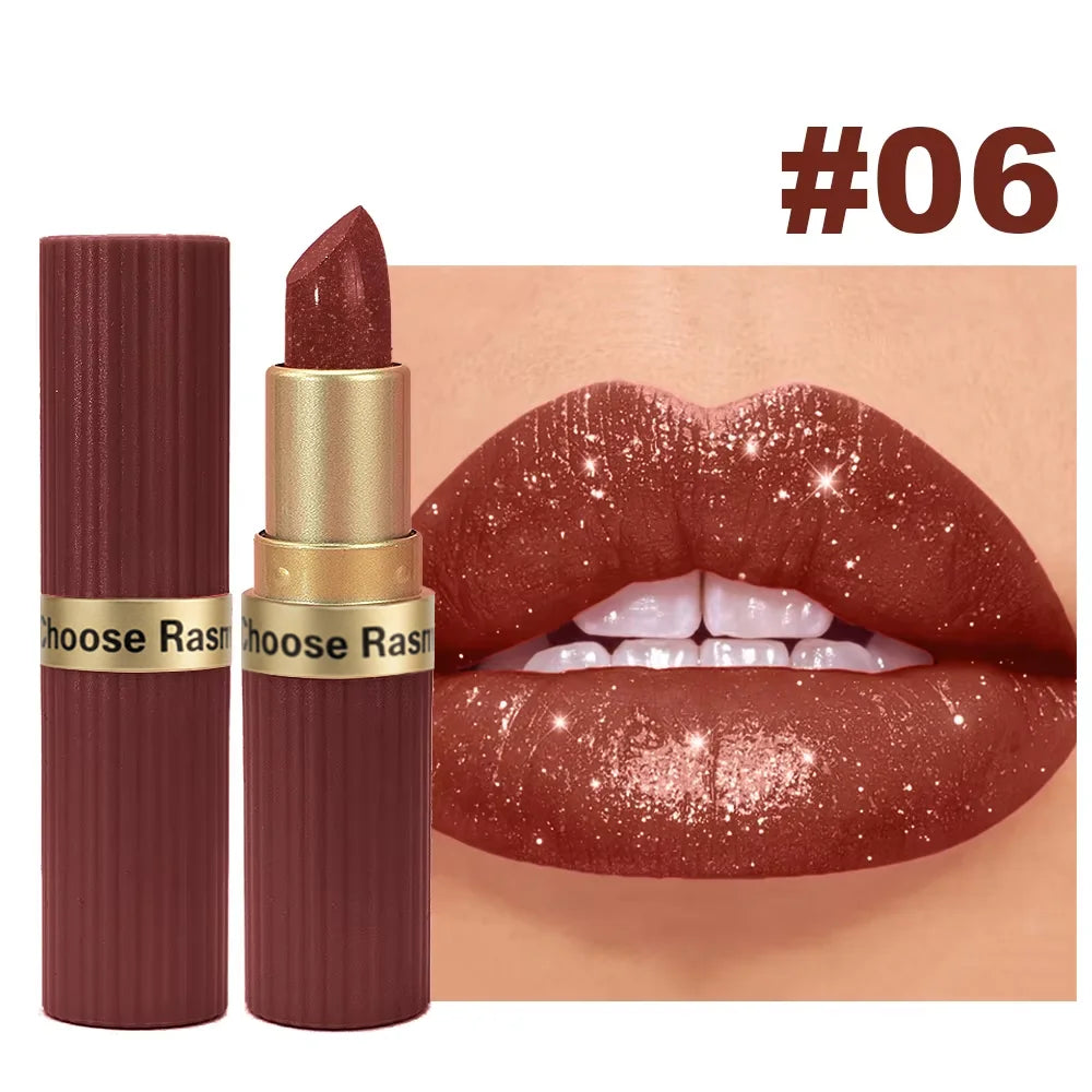 Batom de Veludo com Glitter Rosa Perolado – Metálico, À Prova d'Água, Longa Duração, Acabamento Matte com Brilho Diamante