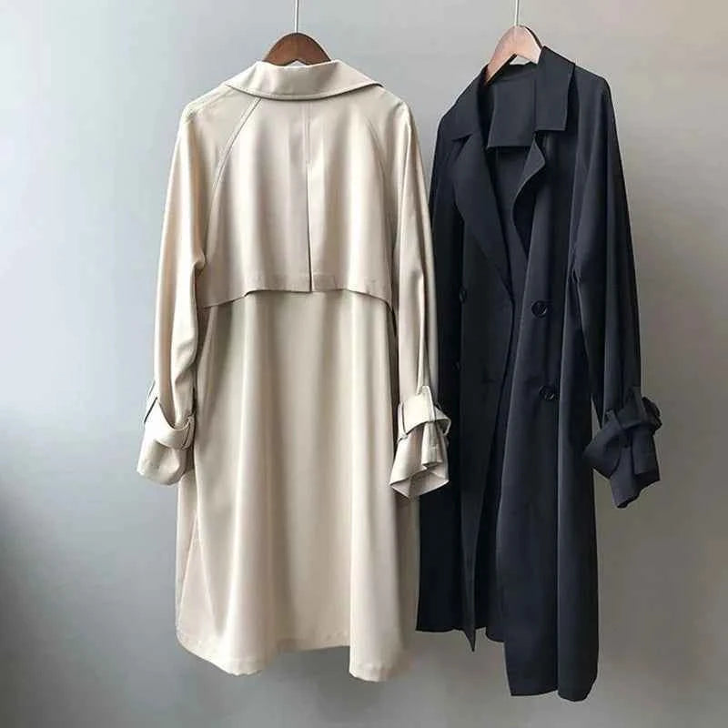 New Fashion Women's Long Trench Coat Spring Autumn Temperament Thin Windbreaker Coat Female Casual Parker Overcoat Apricot Black