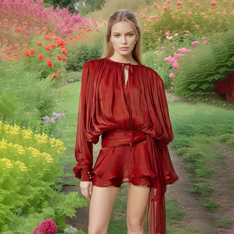 Vestido curto elegante com gola alta e borda de folha de lótus, retrô, floral, rosa, babados, manga comprida, moda urbana