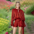 Vestido curto elegante com gola alta e borda de folha de lótus, retrô, floral, rosa, babados, manga comprida, moda urbana
