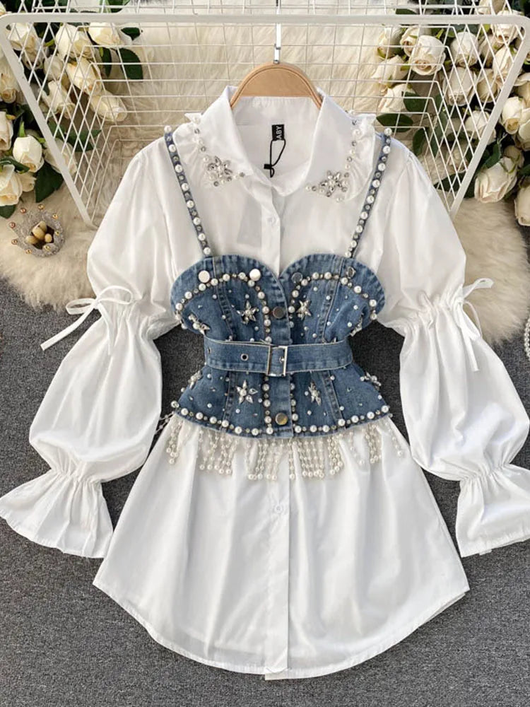 Blusa feminina nova primavera outono com contas de diamantes e manga bufante, top com borlas e pérolas, colete com alça, camisa de duas peças