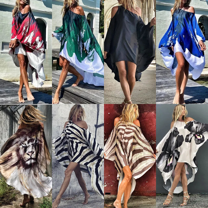 Printed Dresses Women 2025 Summer New Sloping Shoulders Loose Casual Beach Vacation Irregular Dress Fashion Beachwear Vestidos