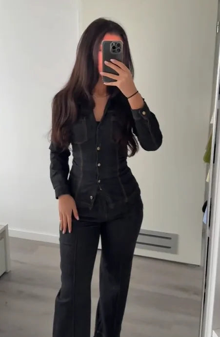 Women Fashion Denim Solid Top High Waist Pants Suits Casual Single Breasted Lapel Neck Shirts Pant Set Spring Lady Street Wear
