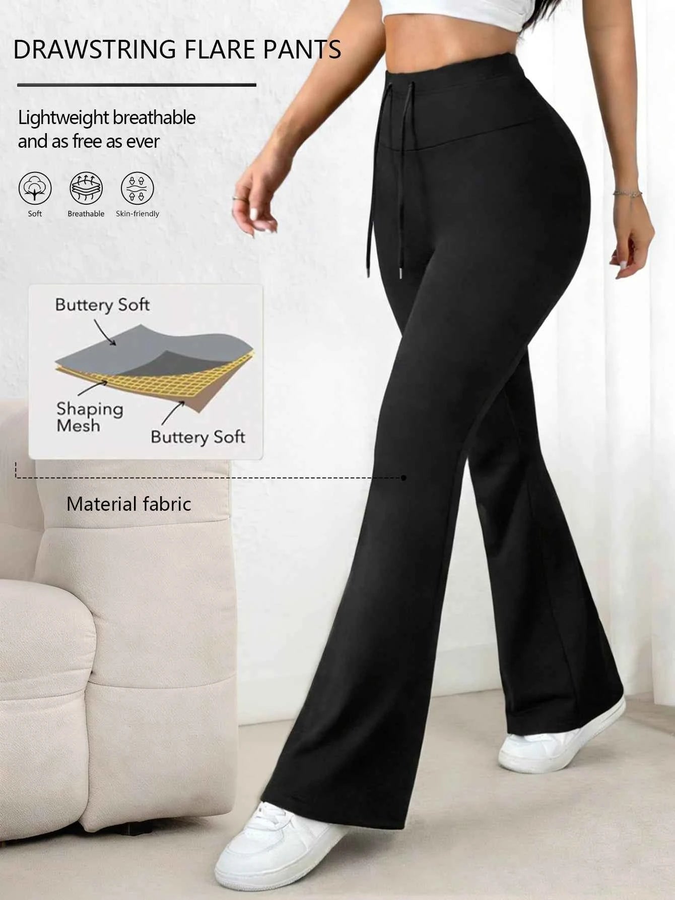 Women's Black High Waisted Bell-bottom Pants 2026 Spring Drawstring Waist Stretchy Skin-friendly Breathable Casual Daily Trendy