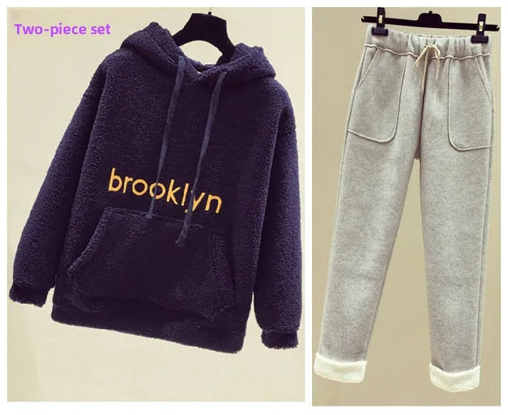 Thickened Lamb Velvet Set Women's Autumn Winter New Embroidery Sweatshirt Woolen Wide Leg Pants Two Piece Set Casual Style