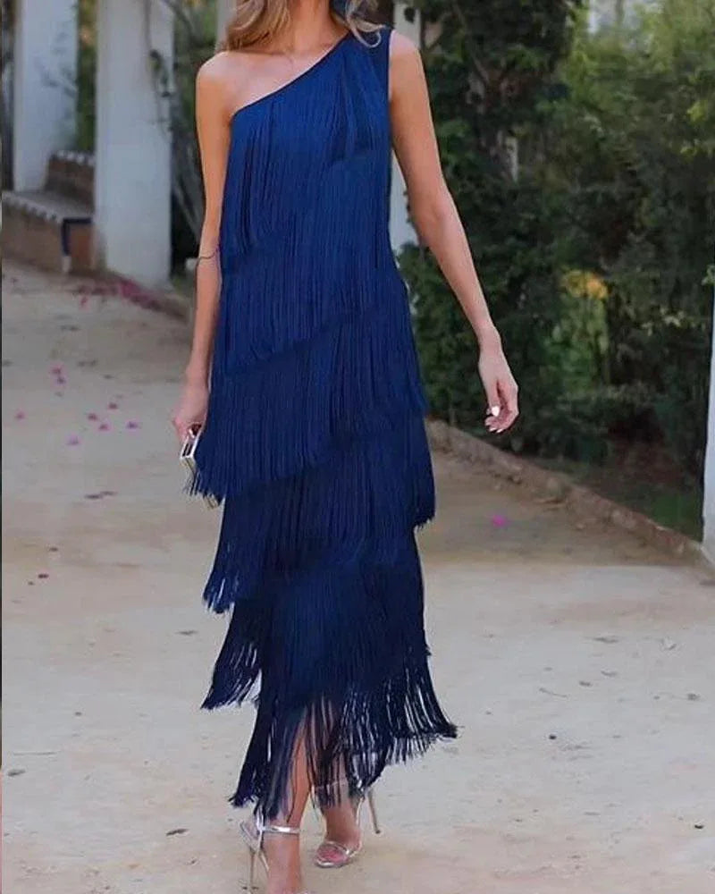 Elegant Asymmetric Slim Evening Dress Fashion Tassel Club Party Dress 2024 Lady Sexy Diagonal Collar Sleeveless Tank Long Dress