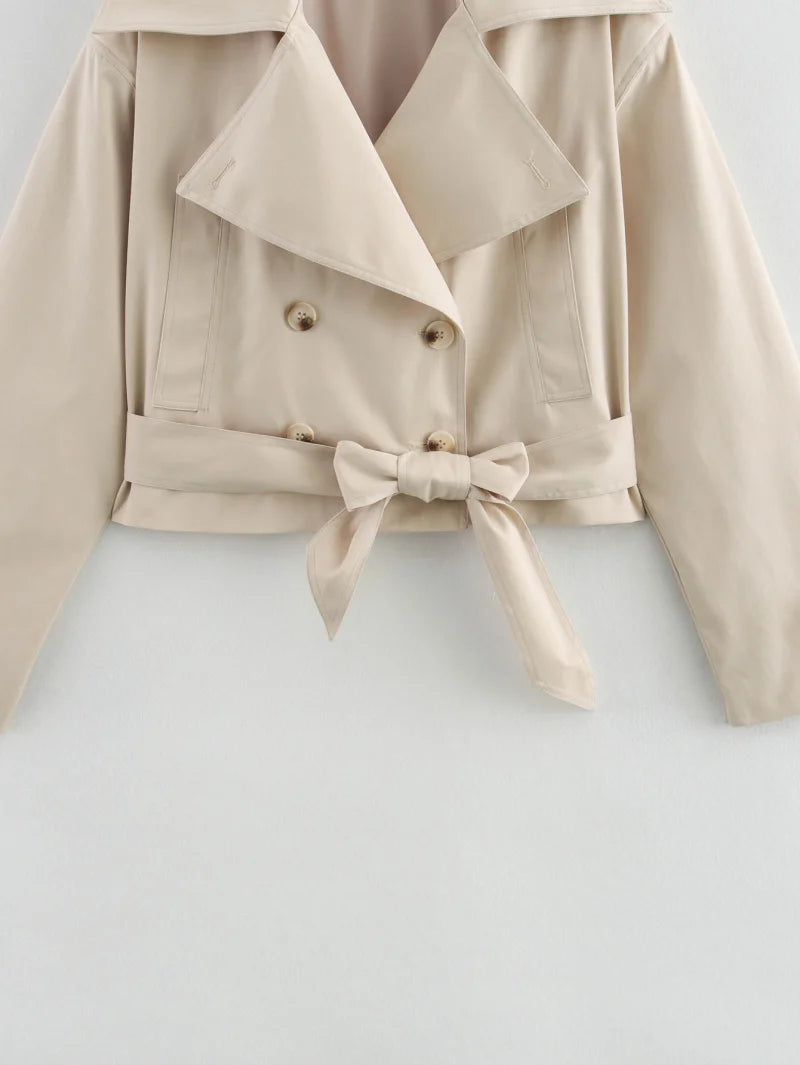 ETJ 2025 new  women's British wind trench coat style double-breasted long sleeve belt lapel jacket short coat