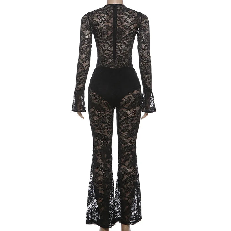 Sexy Hollow out Micro Flared Jumpsuit Long Pants  Lace Shirt Thickened Winter Collection for Elderly Women
