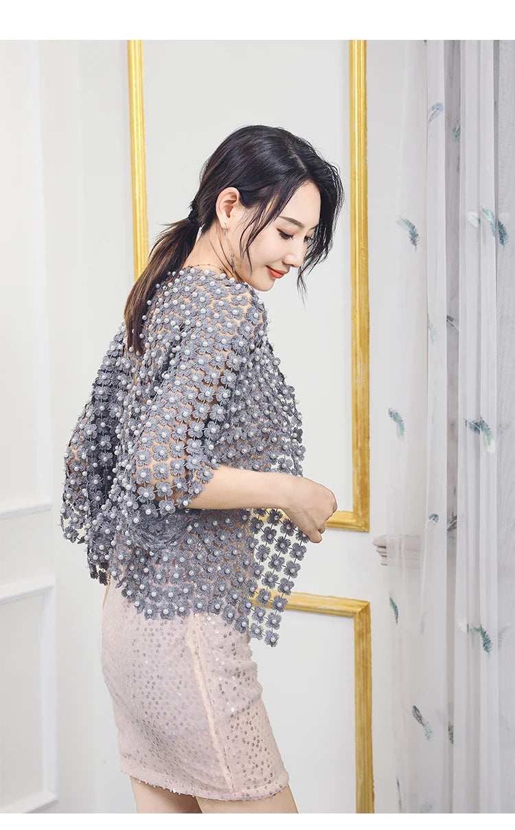 Women Beads Coat 2025 Summer Style Women Perspective Shawl Fashion Hollow Out Lace Boleros Short Sleeve Coats Jackets Femal