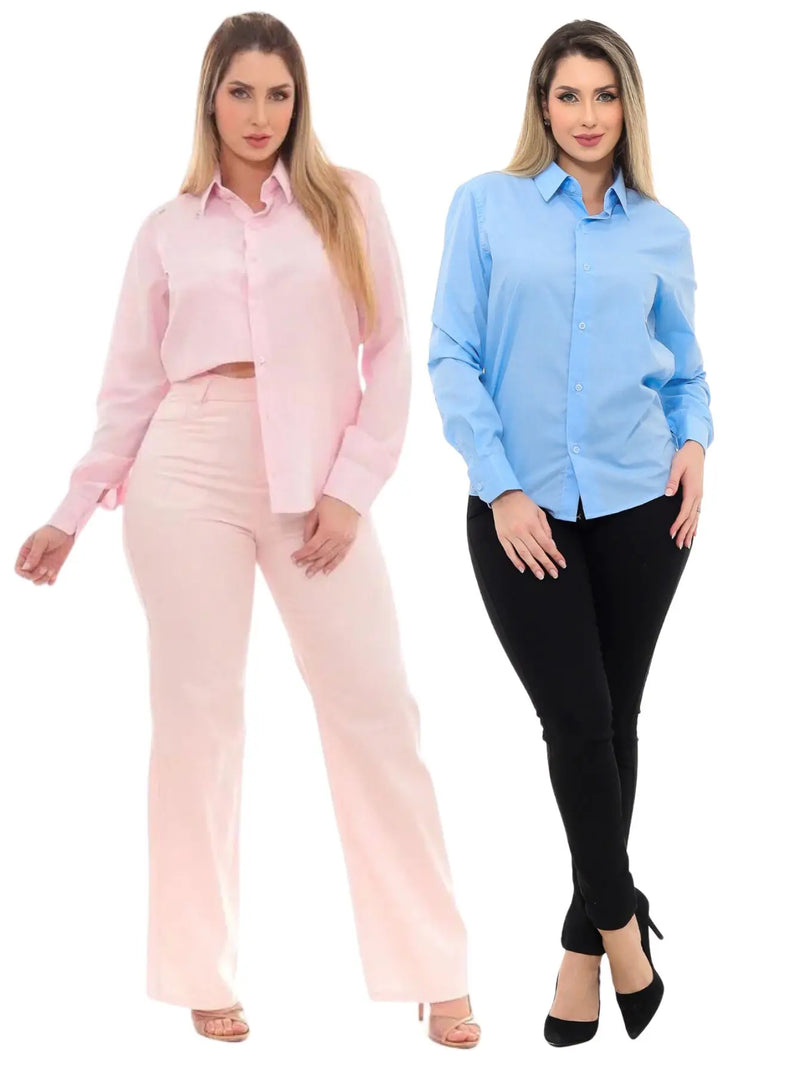 Women's KIT 2 Pieces-Premium Light Blue Linen Type Social Shirt and Pink Slim Social Shirt