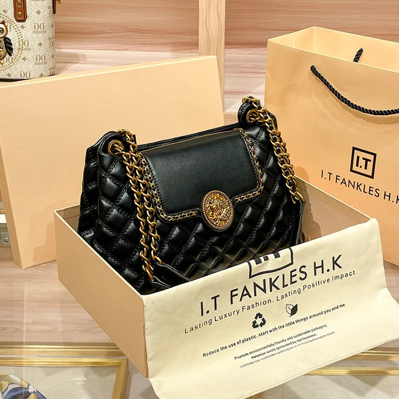 Brand genuine leather chain bag for women in 2024, new designer with a sense of luxury, large capacity underarm shoulder bag