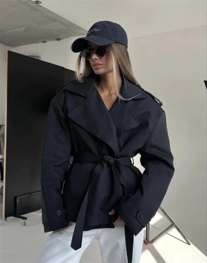 Women's Coat 2026 Spring New Style Solid Color Long Sleeve Belted Short Trench Coat European and American Personalized Fashion