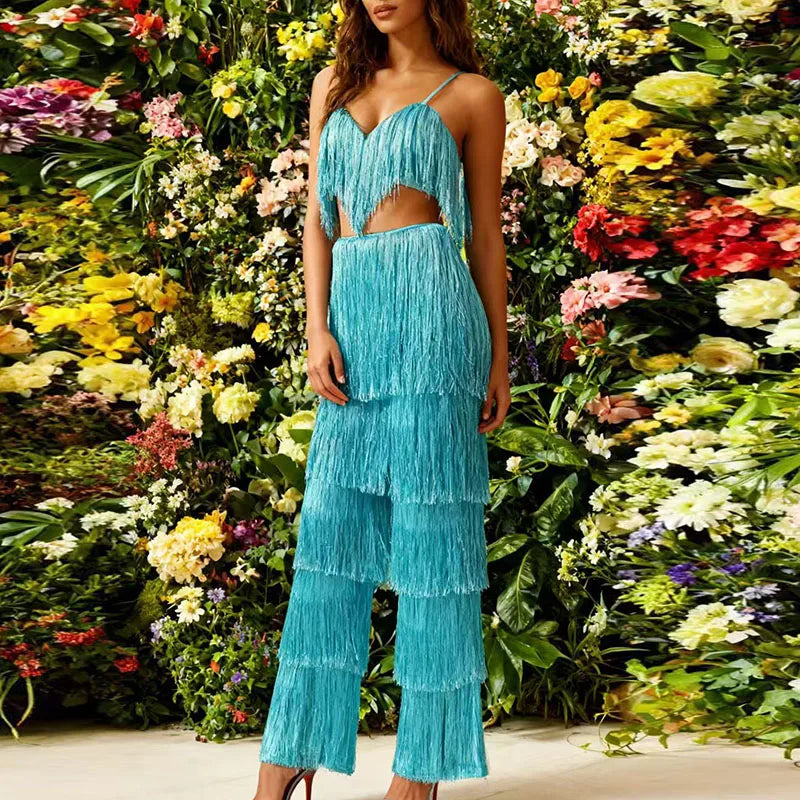 Women's Outfits Tassel Design Hollow Out Party Suit Sexy Backless Slim Fit Two Piece Set Low Cut V-neck Bra Top with Long Pants