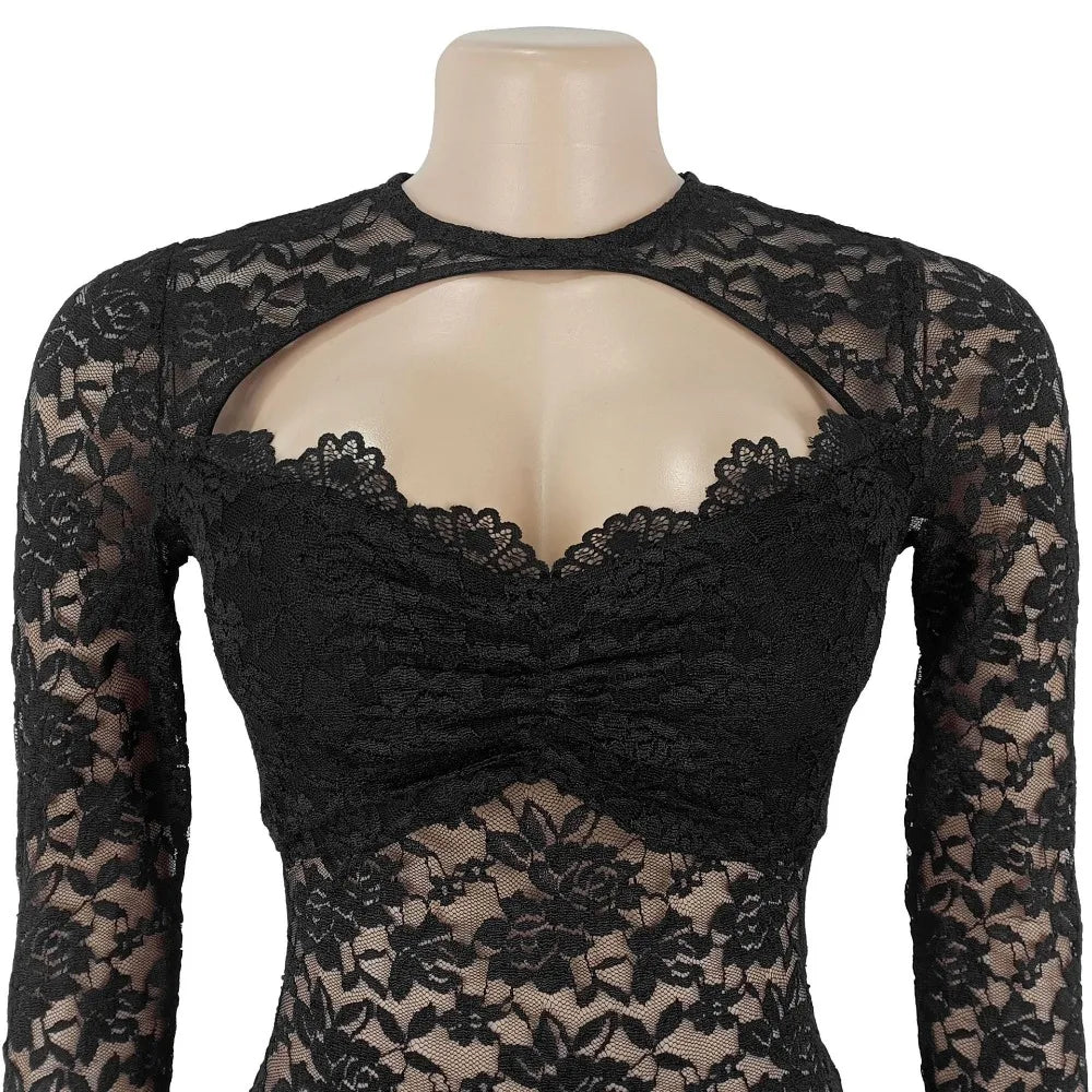 FLARORA Sexy Lace Hollow See Through Jumpsuits Woman O Neck Full Sleeve Peach Hip Slim Jumpsuit Midnight Party Clubwear Overalls
