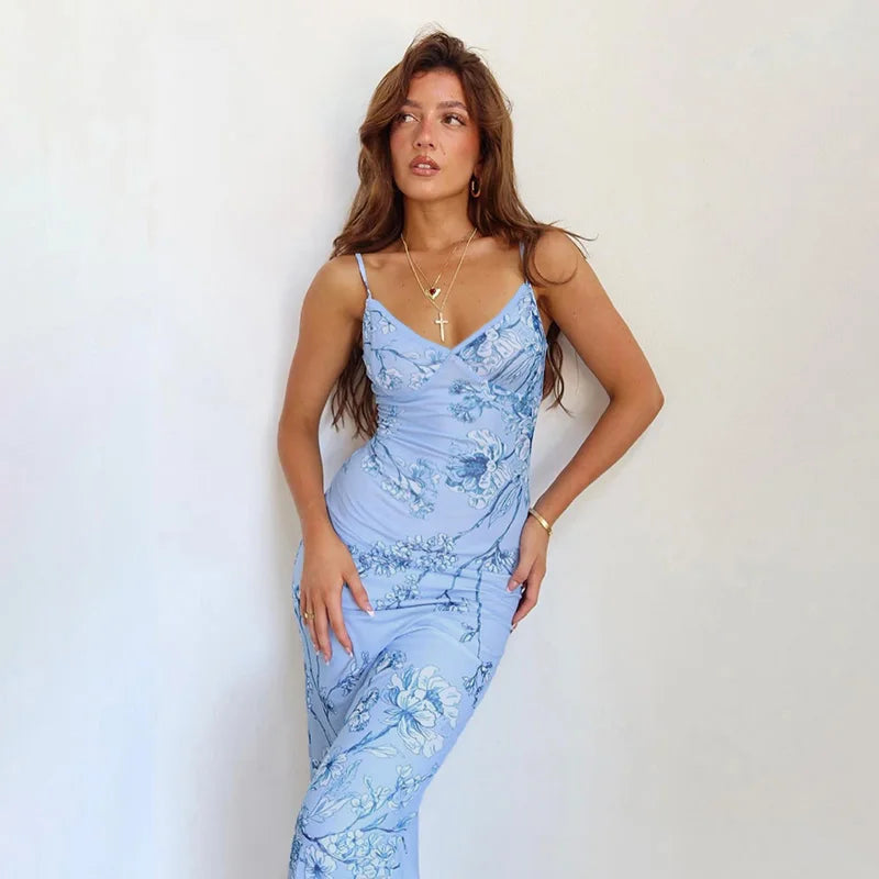 Sleeveless Floral Print Suspender Dress Women Fashion V-neck Slim Maxi Dresses 2023 Summer Chic Female Beach Party Club Robe - CRAVO ROSE