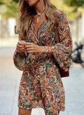 Vestido feminino com estampa floral, vintage, para trabalho, decote em V, elegante, plissado, paisley, manga bufante, babados, vestido casual
