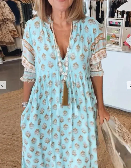 Boho Printed Chic V-neck Tassel Long Dress Women‘s Spring Pocket Party Dress Fall Half Lantern Sleeve Ruffles Maxi Dress Summer