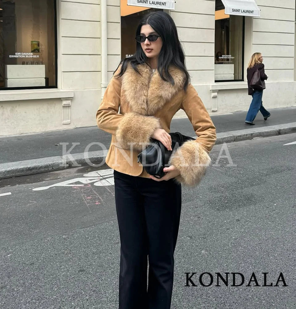 KONDALA Fall Fur Collar Suede Blazer Women's Elegant Buttons Slim Suit Jacket 2025 Autumn Fashion High Street Faux Fur Blazer