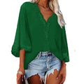 Blusa feminina de chiffon com costura de renda, decote em V, manga flare, blusa solta de verão, moda simples