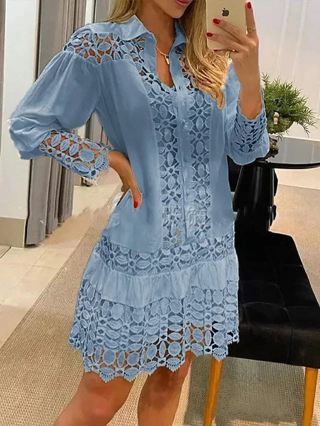 Y2k Party Women's dress 2024 Spring and Summer Elegant Solid color short sleeve Lace Patch Shirt Dress Hollow out Dress