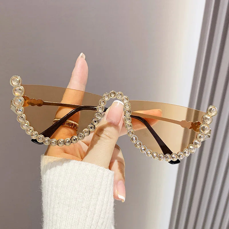 Luxury Brand Designer Diamond Half Frame Sunglasses Women For Female Vintage Fashion Sun Glasses Punk Rhinestone Crystal Metal - CRAVO ROSE