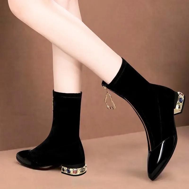 Women Shiny Sequin Ankle Boots Winter Fashion Pointed Front Zipper Rhinestone Square Heels Short Boots Retro Motorcycle Shoes55 - CRAVO ROSE