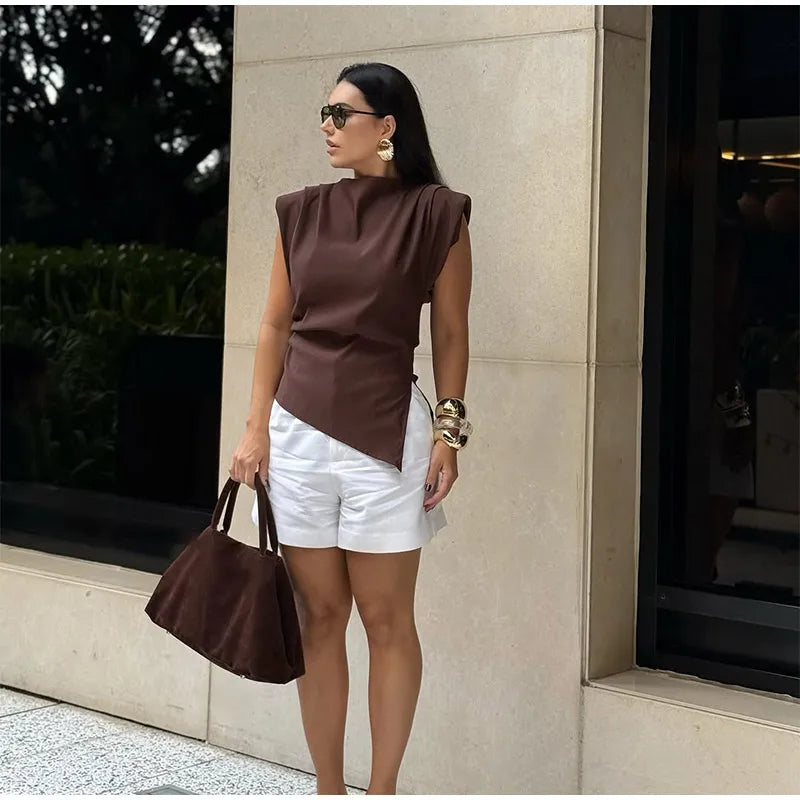 Vestido longo elegante com decote redondo e manga curta, moda feminina, liso, plissado, gaze, patchwork, 2025, novo, para escritório