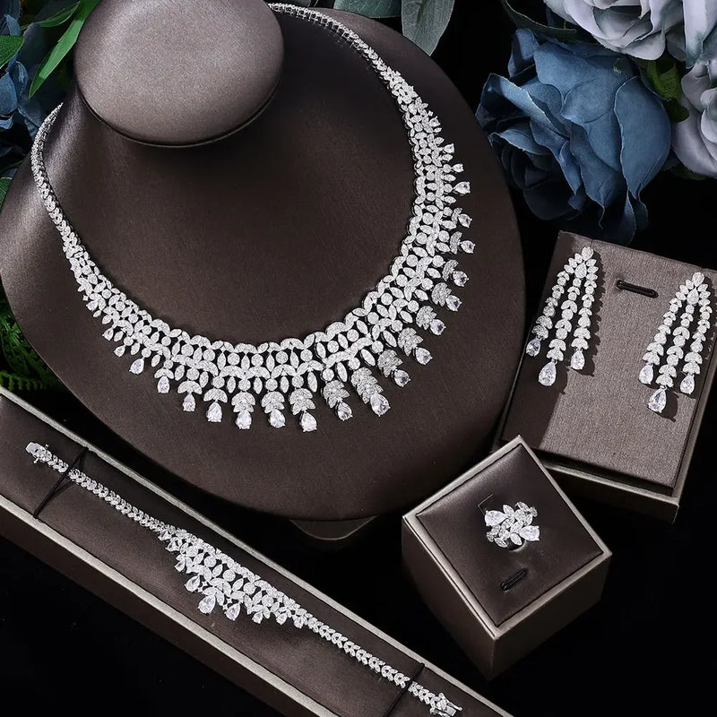 Conjunto de joias de casamento de zircônia cúbica, conjunto de 4 peças para noivas, conjunto de joias femininas, reprodução de marca de joias