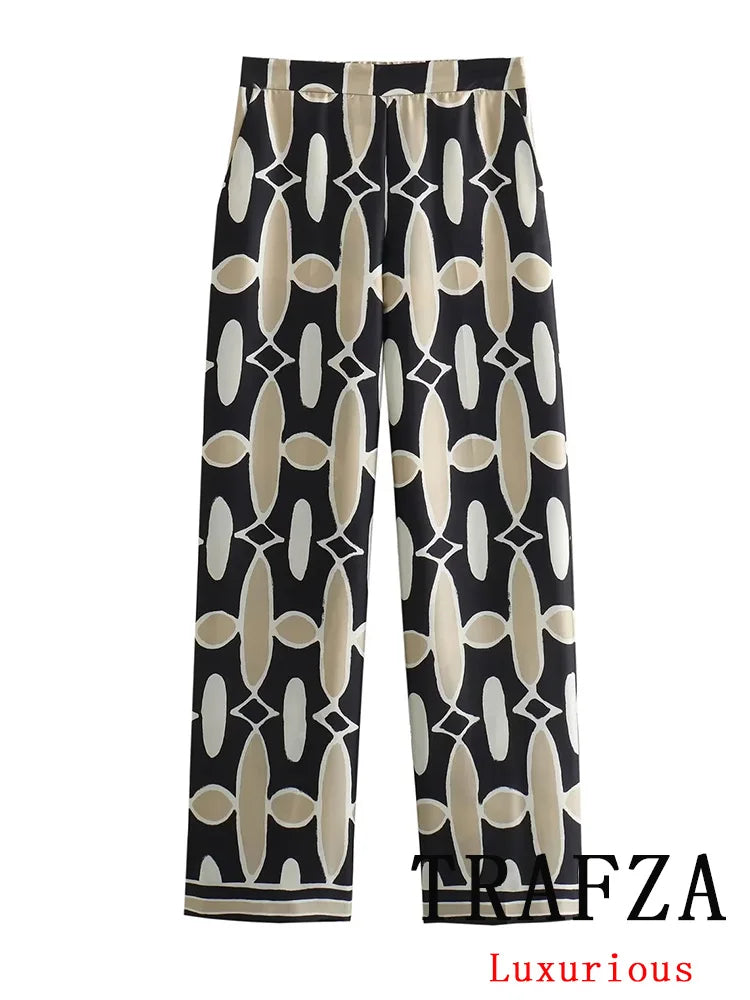 TRAFZA Vintage Casual Print Women Suit Single Breasted Turn-down Collar Blouse Loose Long Pants Fashion 2024 Spring Summer Sets