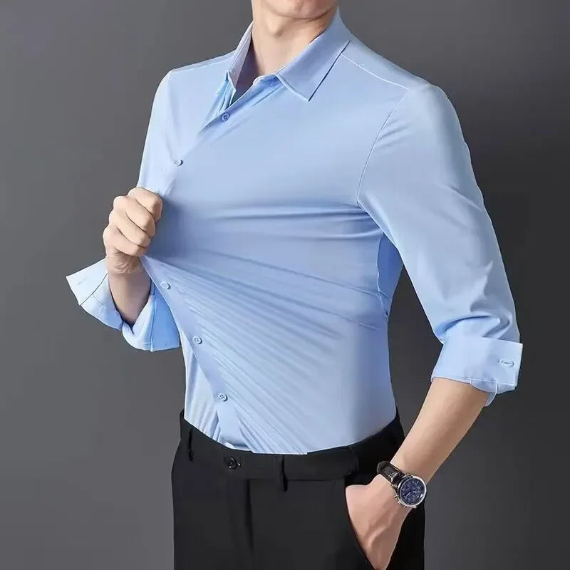 Camisa masculina premium ultraelástica - Camisa formal de manga comprida de seda de alta qualidade para uso social e casual