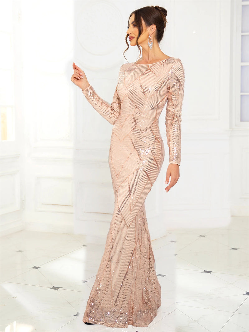 Romagic O Neck Sequin Formal Evening Party Dress Long Sleeves Floor Length Prom Gown Modest Women Celebrity Dresses 2025