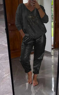 Women Two-piece Set Spring Long Sleeves Bronzing Loose Glossy Top Elastic Waist Pockets Trousers Pants Set Casual Sport Outfit