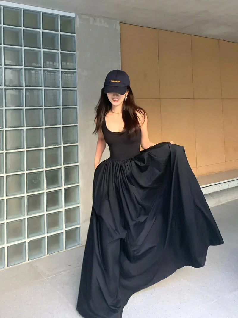 Elegant French Style Black Long Dress For Women Summer High-End Feel Sleeveless Tank Dress With Mango Sleeves