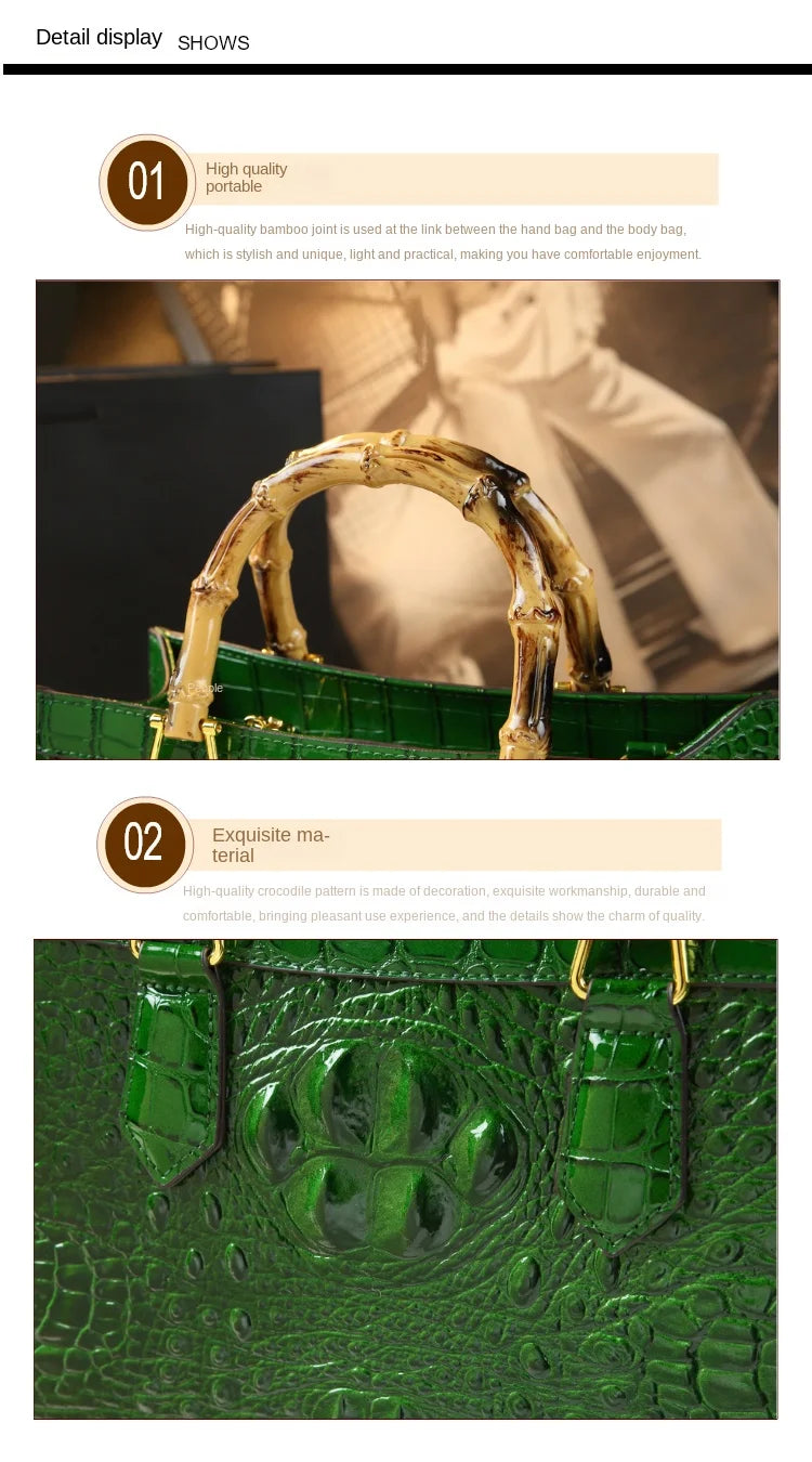 Brand Genuine Leather Real Bamboo Women's Bag Crocodile Pattern Handbag Portable Tote Bag Mom Tide Shoulder Messenger Bags
