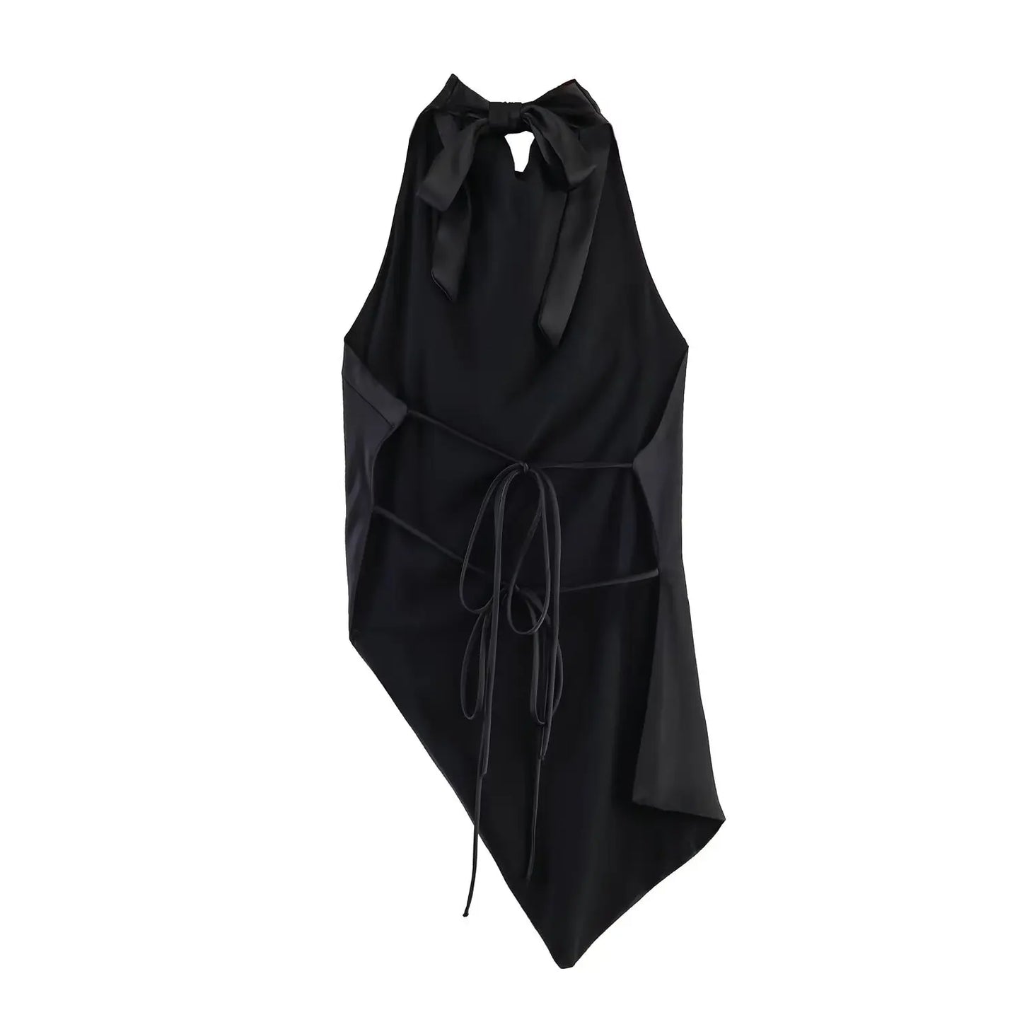 Spring New Women's  Knot Belted Asymmetrical Hem Neck Hanging Collar Top Loose Fit Other Material 100% Short Length