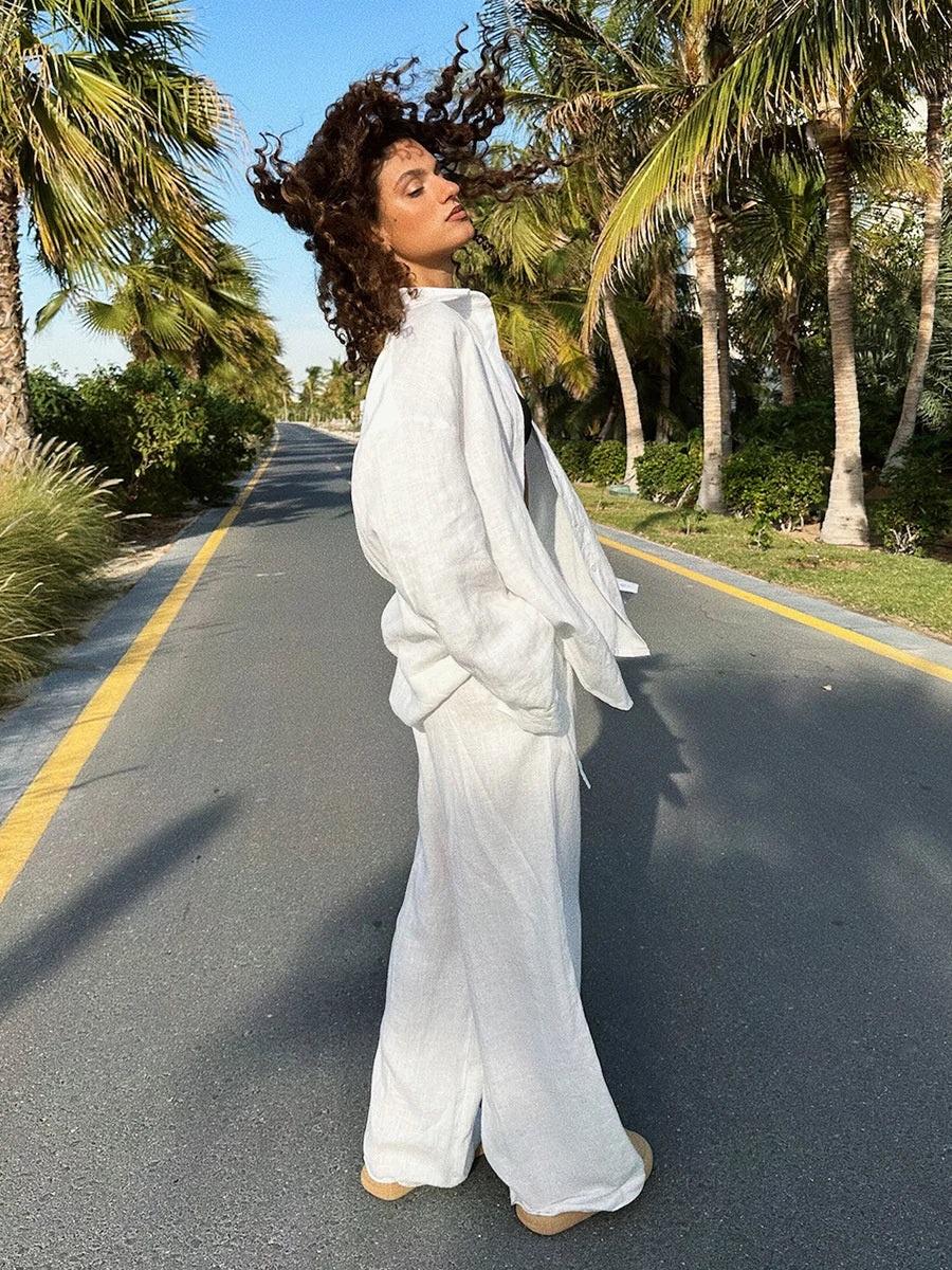 Women Casual Cozy Lapel Pink Shirt Pants Suits Fashion Single Breasted Blouses Elastic Waist Pant Set 2025 Spring Loose Outfits