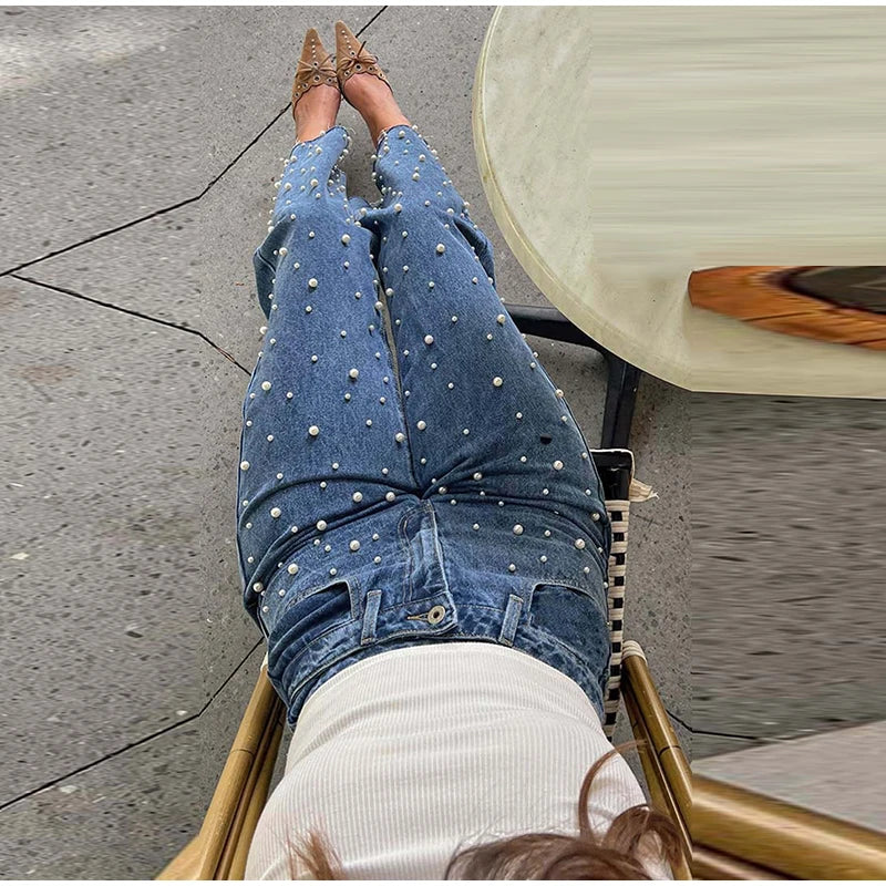 Calça jeans feminina moderna de cintura alta com perna reta e design chique de contas cravejadas, calça feminina casual e moderna de rua