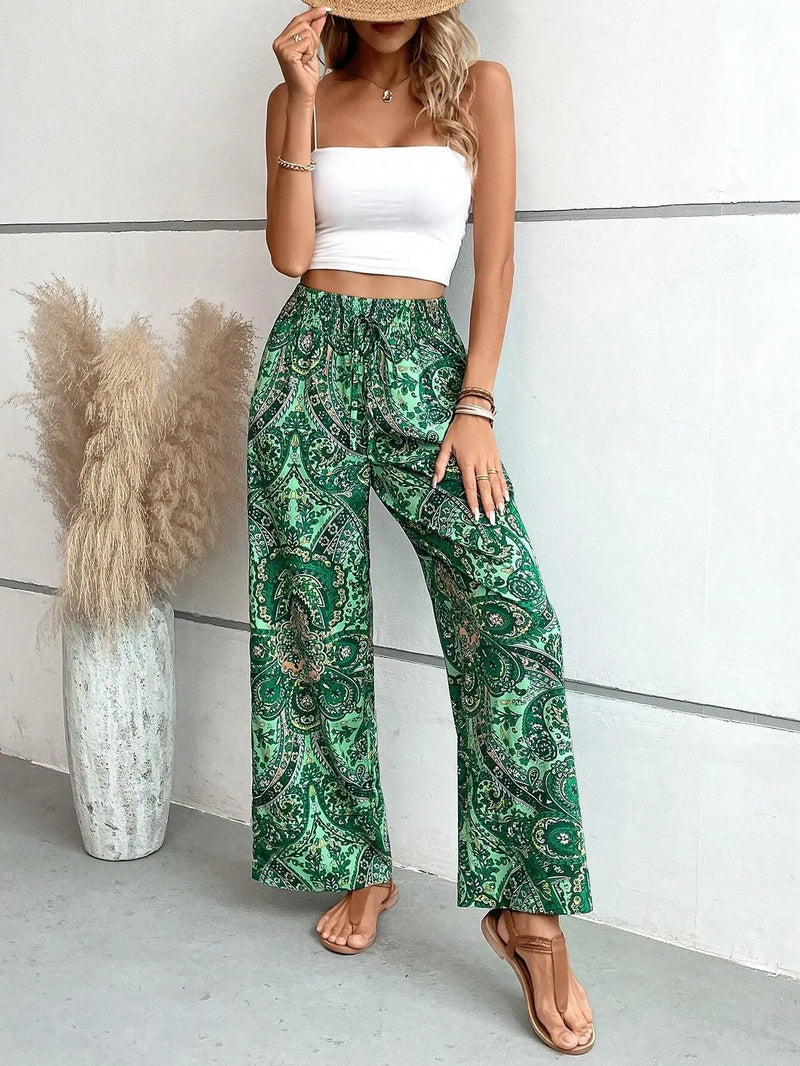Calças de cintura alta com estampa da moda, pernas largas, primavera-verão, roupas femininas, calças casuais soltas, faixas elásticas, estilo boho, calças de praia