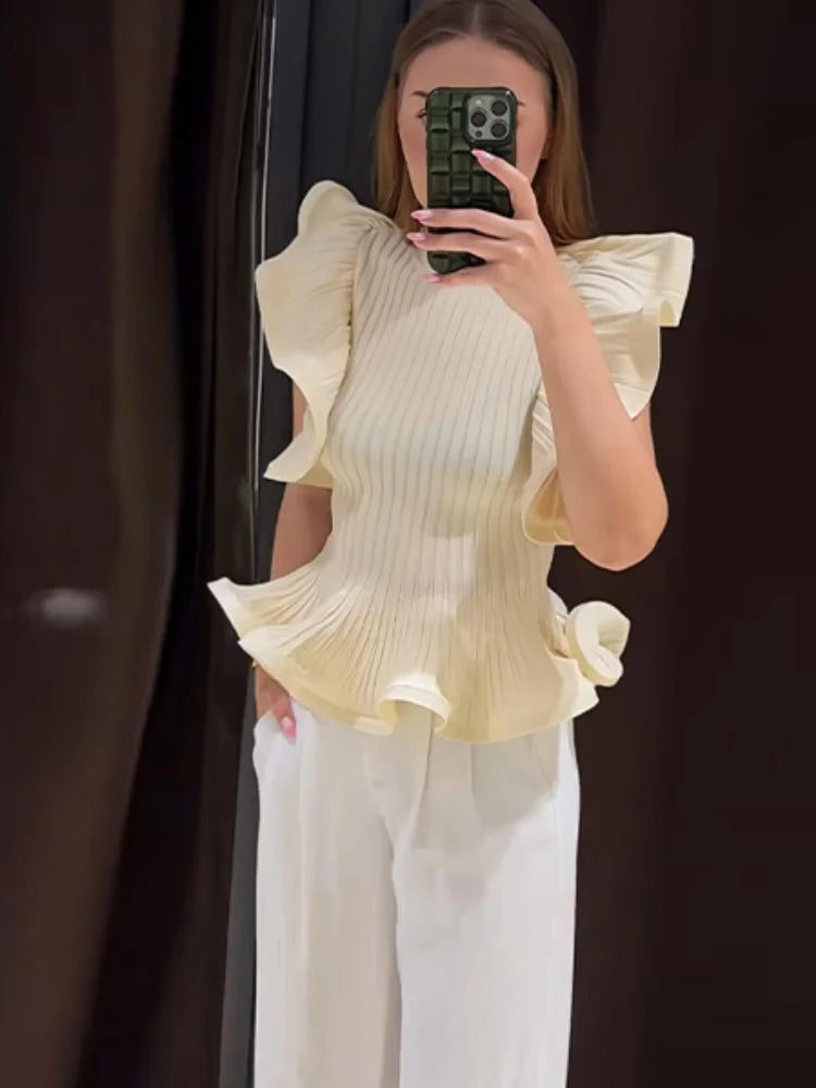 Solid Ruffle Mini Dress U Neck Long Puff Sleeve Tie Neck Tiered Hem Sweet Style Gown Soft Pastel Tones Fashion Chic Women Outfit