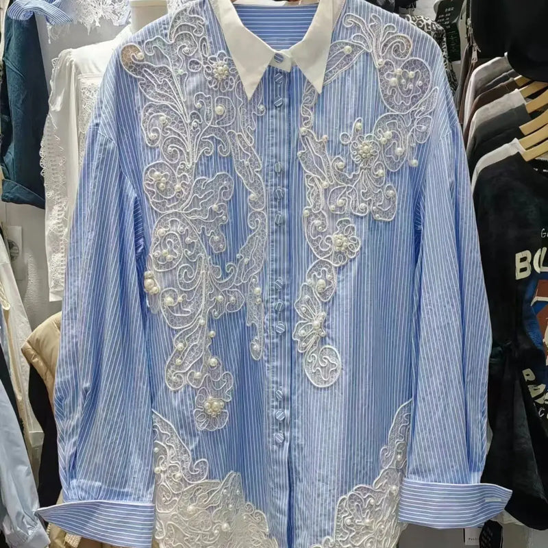 Blusas e camisas bordadas com renda e miçangas, blusas e camisas femininas soltas de comprimento médio e casuais