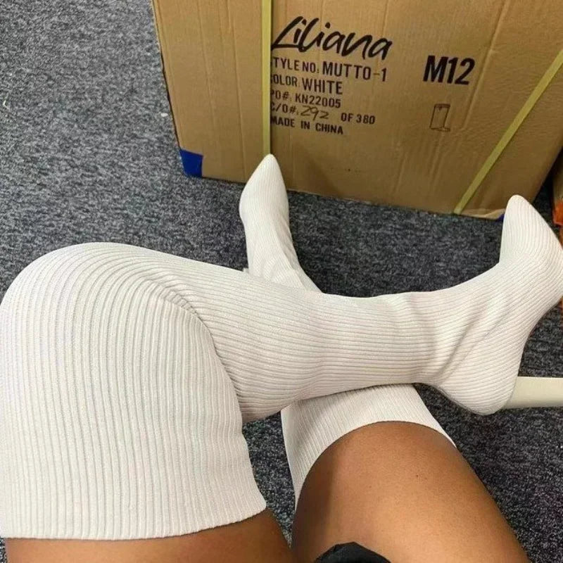 Botas femininas de cano alto, acima do joelho, meias elásticas de alta qualidade, botas para festa, sexy, salto de 9 cm, sapatos