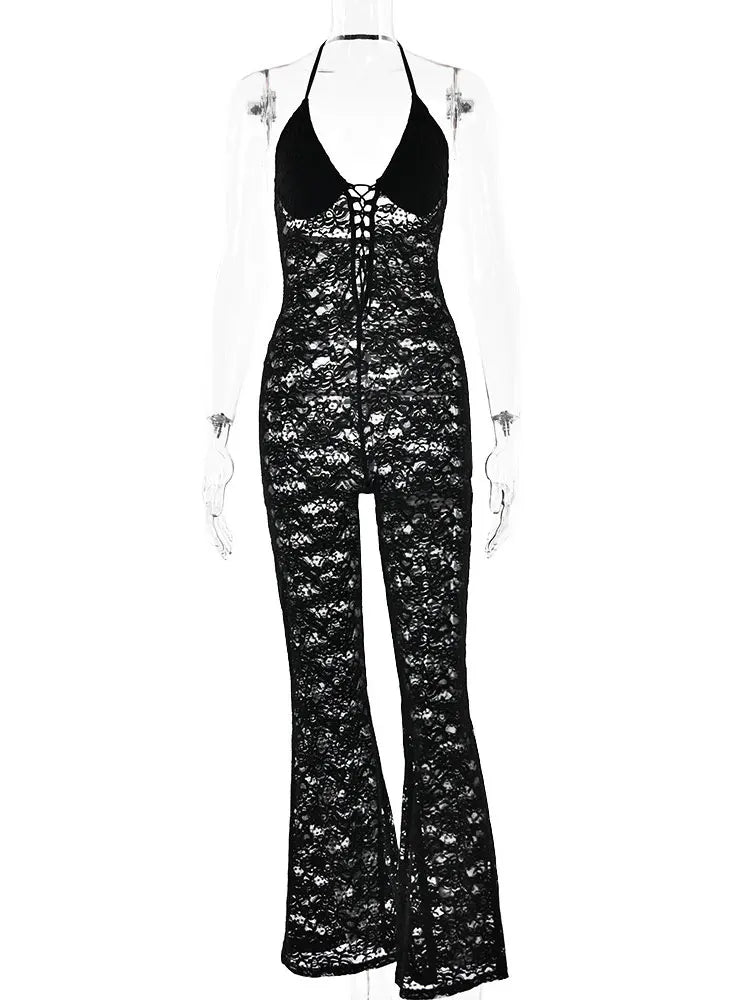 GACVGA Sexy Lace See Through Women Jumpsuit Backless Slim Streetwear Bandage Romper Lady Elegant Summer Party Nightclub Jumpsuit