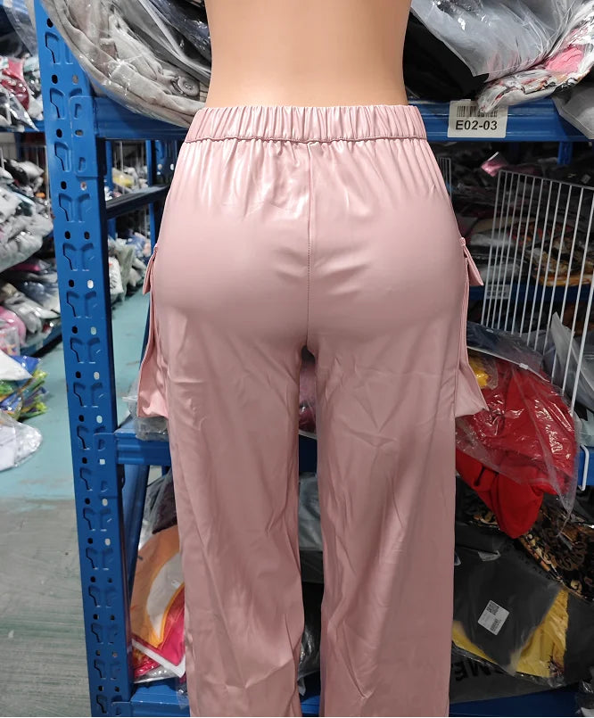 Calças casuais de couro sintético com perna reta e bolsos lisos, cintura alta, moda feminina