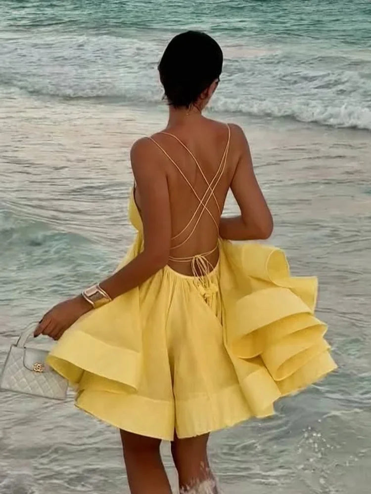 2025 Sexy Backless Lace Up Women's Sling Mini Dress Chic Solid High Waist Loose Pleated Hem Vestido Lady Summer Party Beachwear