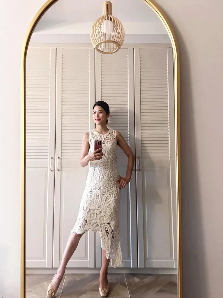 Crochet Knitted Asymmetric Women's Dress Set Chic O-neck Sleeveless Top Short Lining Skirt Suit 2023 Fashion Fairy Sweet Outfits