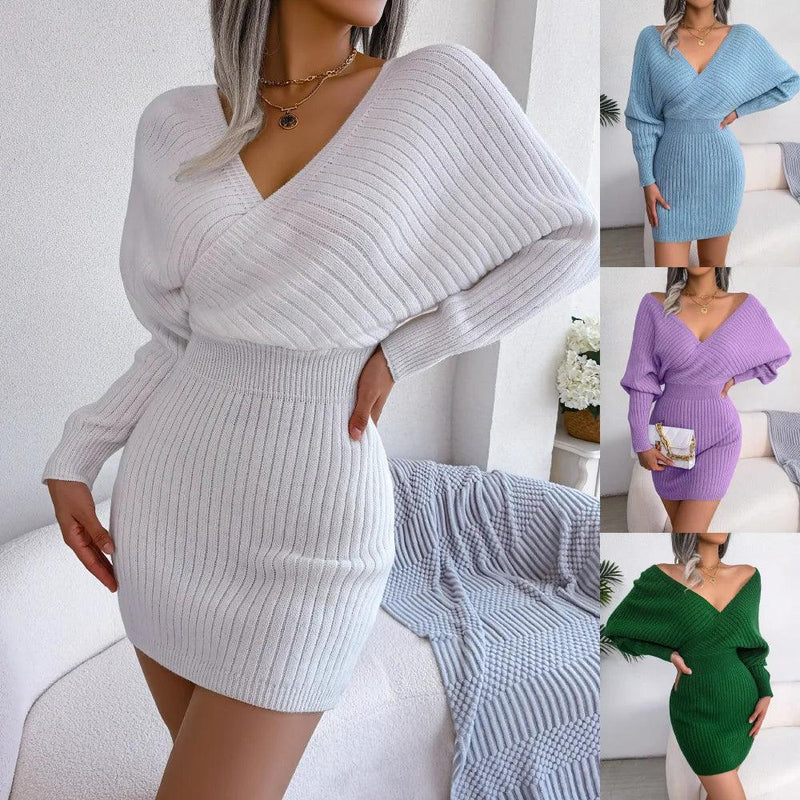 New In Mini Dress For Women 2022 Sexy Cross V-neck Solid Colors Lift Hip Evening Party Dresses Long Sleeve Skirt Sweater Dresses - CRAVO ROSE