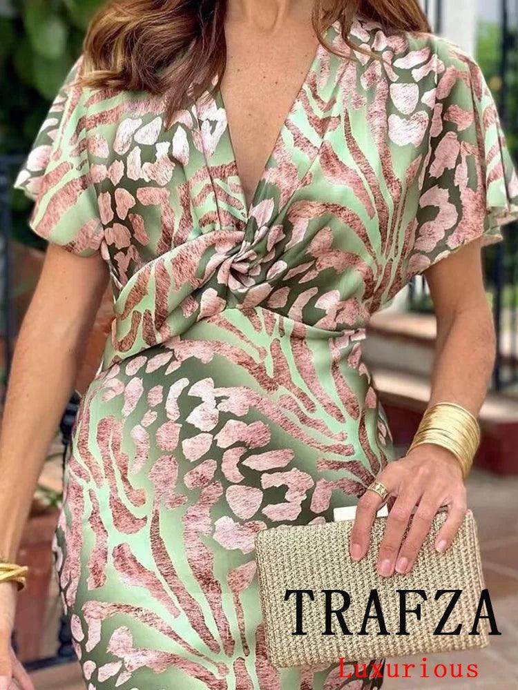 TRAFZA Vintage Chic Casual Women Print Dress Satin V-Neck Short Sleeve Long Dress New Fashion 2024 Summer Boho Party Dress - CRAVO ROSE