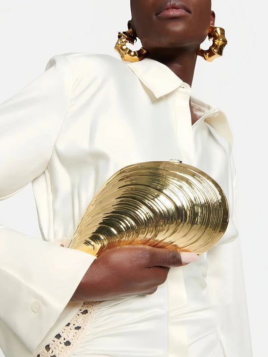 Retro dourado prata metal grande concha saco acrílico novo banquete festa mão com tudo incluído ombro feminino crossbody sacos de noite - CRAVO ROSE