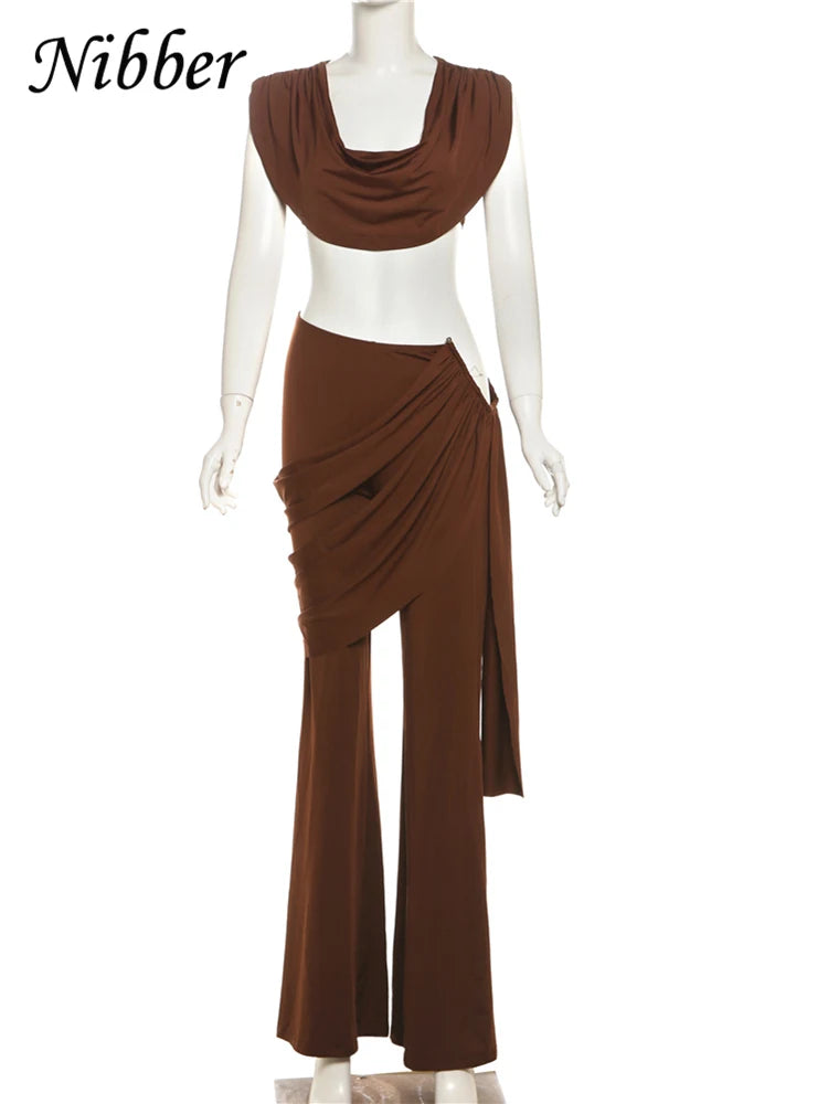 Nibber Pleats Elegant 2 Piece Set Women Sexy Low Neck Sleeveless Crop Tops+Irregular Waist Tassel Straight pants Fashion Suit
